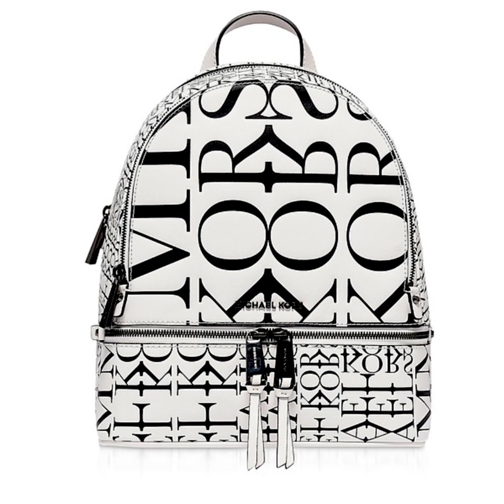 Michael Kors Black/White Rhea Medium Backpack w/ Newsprint Logo
